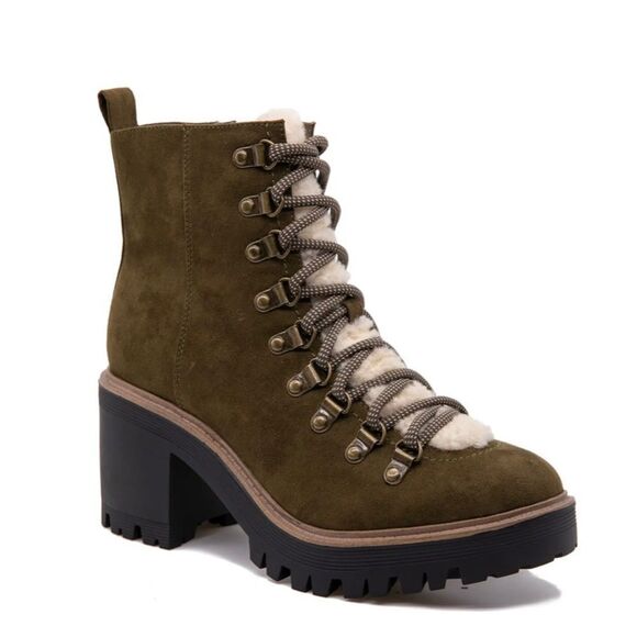 Esprit Flynn olive green suede shearling trim hiking boots NWOT - Picture 1 of 10